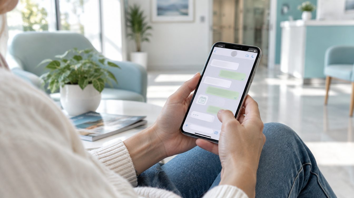 Paciente reservando cita por WhatsApp desde su móvil en la sala de espera de una clínica