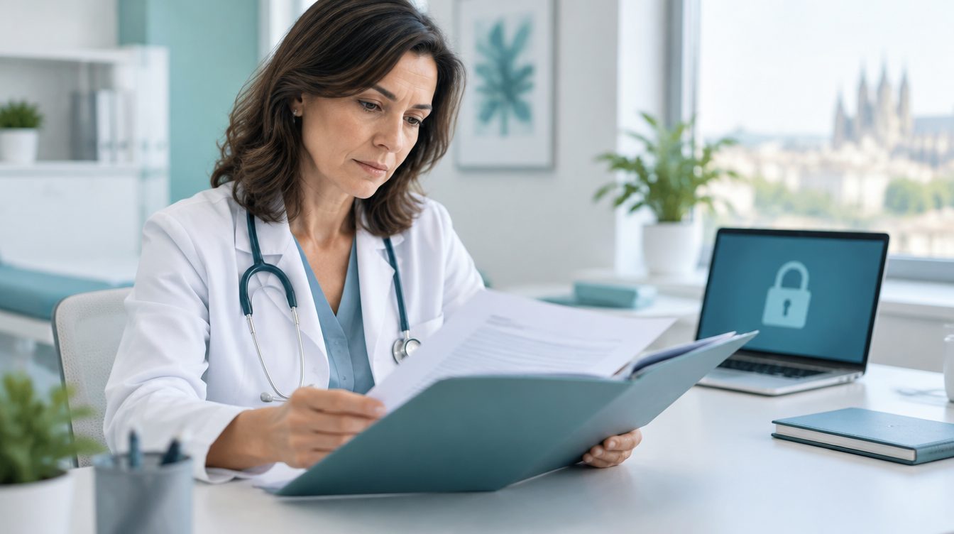 Médica revisando documentación de protección de datos en su consulta