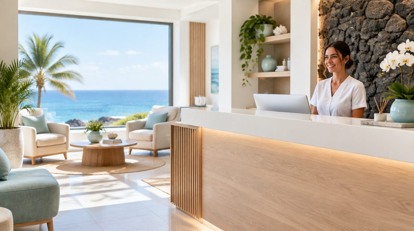 Recepción luminosa de una clínica privada en Canarias con vistas al mar