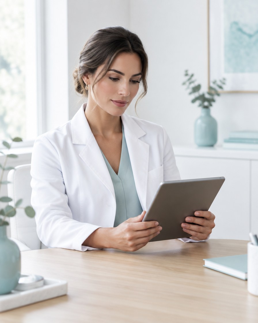 Doctora revisando la agenda de su clínica en una tableta