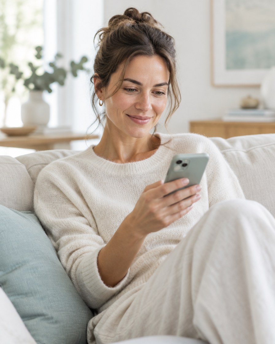 Paciente escribiendo a su clínica por WhatsApp desde casa