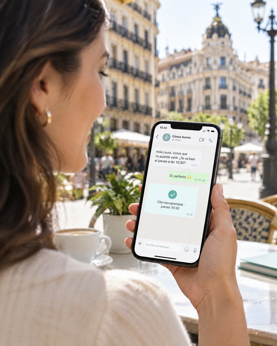 Paciente en una terraza de Madrid confirmando por WhatsApp su cita reprogramada